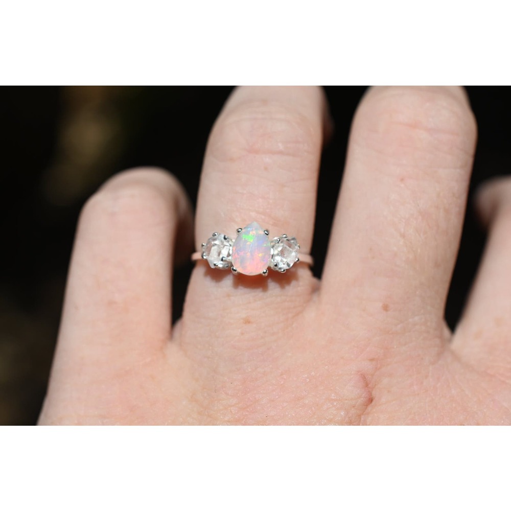 Natural opal and Herkimer Diamond Ring, Raw Stone Ring, Unique Engagement Ring